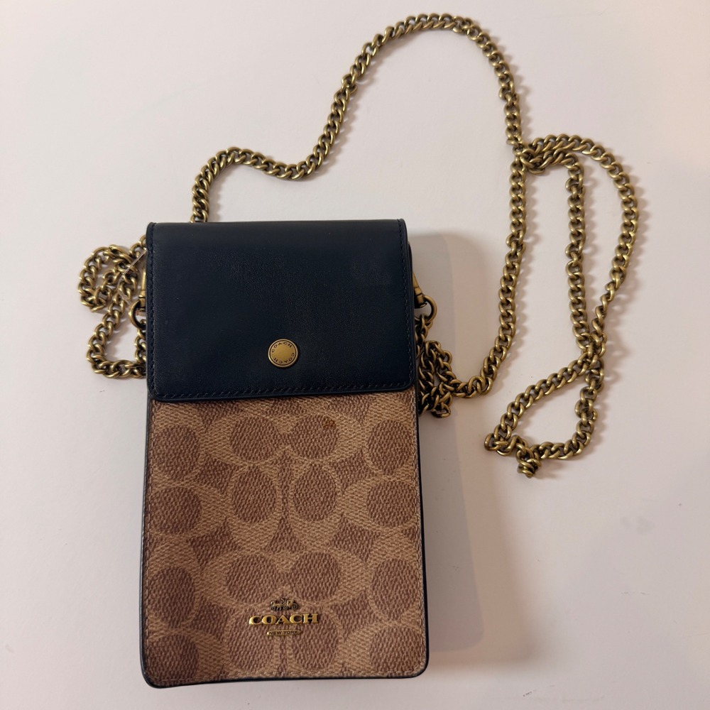 Coach North South Phone Crossbody Bag Signature Canvas Leather Brown Black